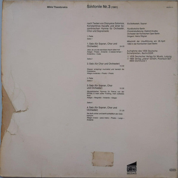 Mikis Theodorakis : 3. Sinfonie (Mitschnitt Der Uraufführung In Der Komischen Oper) (2xLP, Album)