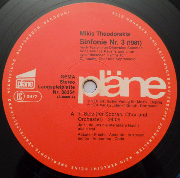 Mikis Theodorakis : 3. Sinfonie (Mitschnitt Der Uraufführung In Der Komischen Oper) (2xLP, Album)