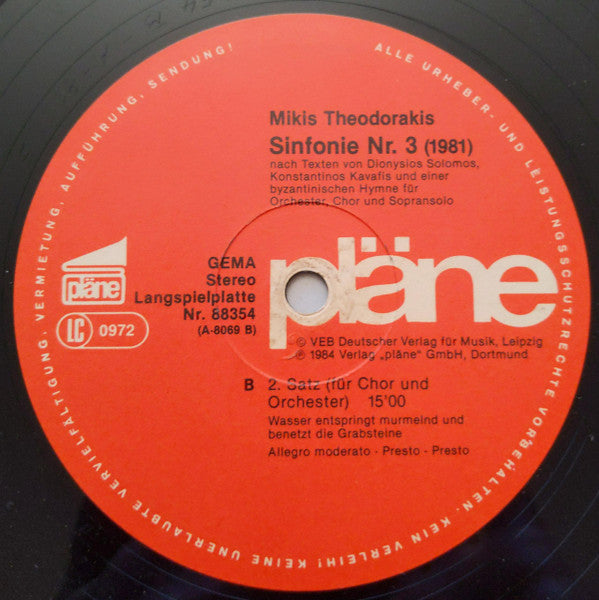Mikis Theodorakis : 3. Sinfonie (Mitschnitt Der Uraufführung In Der Komischen Oper) (2xLP, Album)