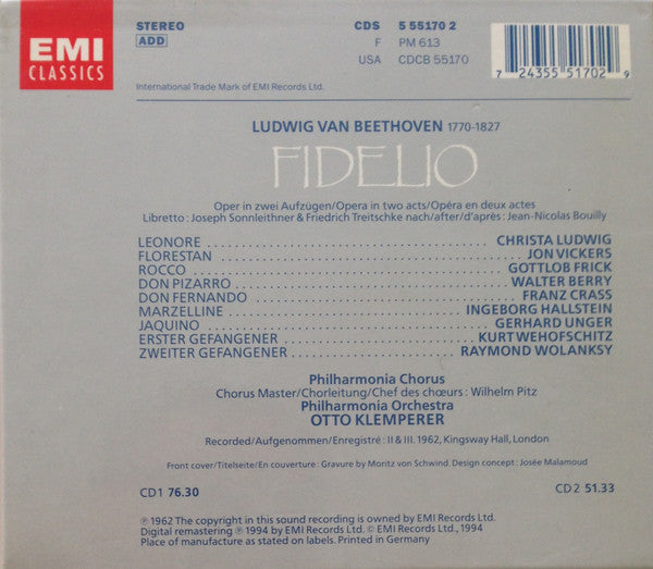 Ludwig van Beethoven, Christa Ludwig, Jon Vickers, Gottlob Frick, Walter Berry, Philharmonia Orchestra and Philharmonia Chorus, Otto Klemperer : Fidelio (2xCD, RE, RM)