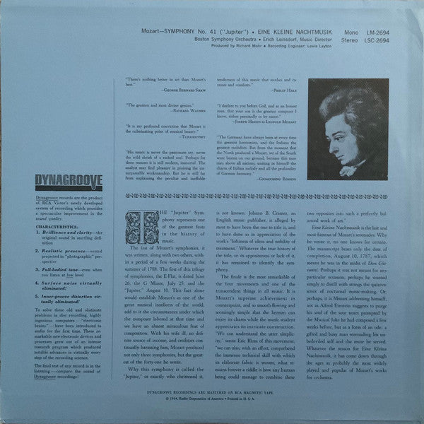 Wolfgang Amadeus Mozart / Erich Leinsdorf, Boston Symphony Orchestra : "Jupiter" Symphony / Eine Kleine Nachtmusik (LP, Album, RE, Bla)