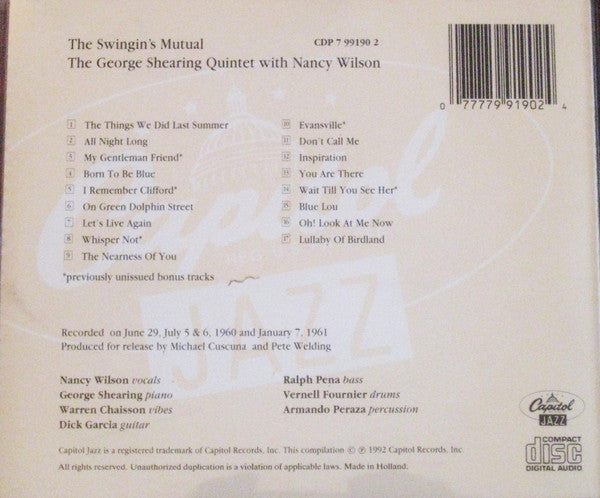 The George Shearing Quintet With Nancy Wilson : The Swingin's Mutual (CD, Album)