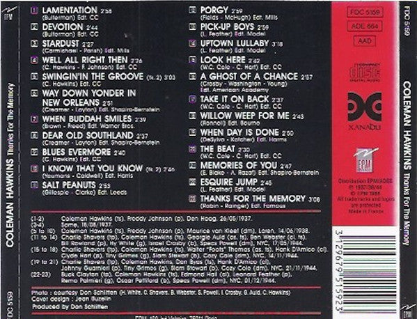 Coleman Hawkins : Thanks For The Memory (CD, Album, Comp)