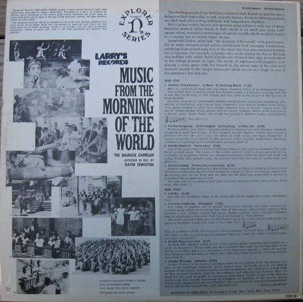 David Lewiston : The Balinese Gamelan: Music From The Morning Of The World (LP, Album, RE)