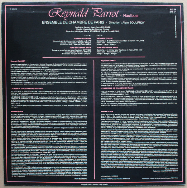 Antonio Vivaldi / Johann Sebastian Bach / Tomaso Albinoni, Reynald Parrot, Ensemble de Chambre de Paris , Direction : Alain Boulfroy : Concertos (LP, Album)