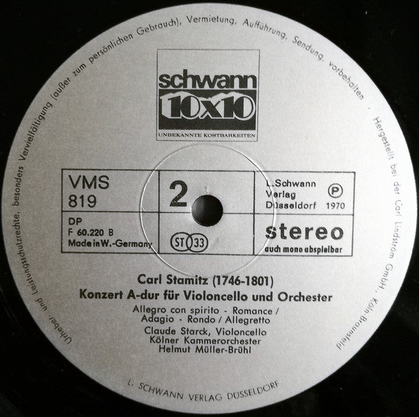 Joseph Haydn, Carl Stamitz, Claude Starck, Kölner Kammerorchester, Helmut Müller-Brühl : Das Violoncello Meisterhaft Gespielt (LP, Comp)