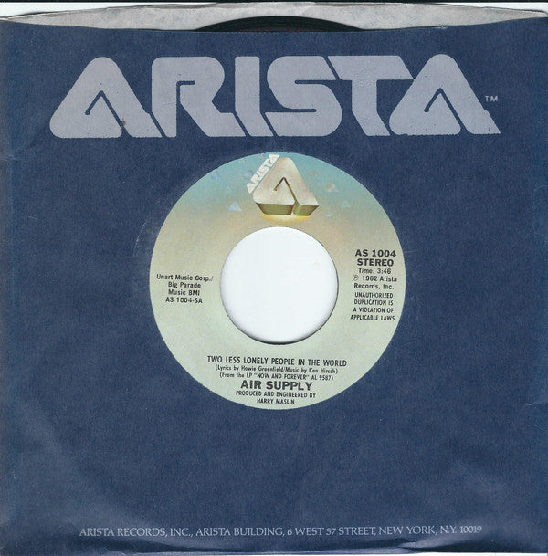 Air Supply : Two Less Lonely People In The World (7", Single, Styrene, Ter)