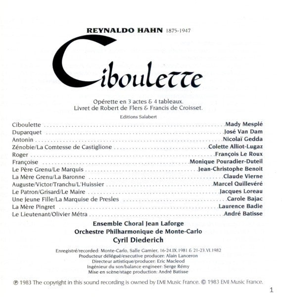 Reynaldo Hahn - Mady Mesplé, José van Dam, Nicolai Gedda, Orchestre Philharmonique De Monte-Carlo, Cyril Diederich : Ciboulette (2xCD, RE)