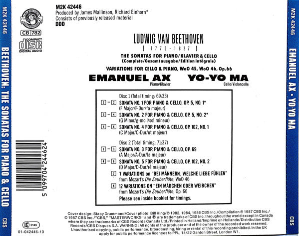Ludwig van Beethoven - Yo-Yo Ma / Emanuel Ax : The Sonatas For Piano/Klavier & Cello (2xCD, Album, Comp)