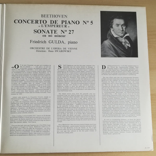 Ludwig van Beethoven / Friedrich Gulda - Orchester Der Wiener Staatsoper - Hans Swarowsky : Concerto De Piano N°5 "L'empereur" / Sonate N°27 En Mi Mineur (LP)