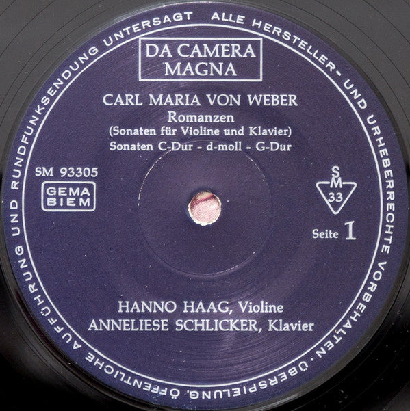Carl Maria von Weber, Hanno Haag, Anneliese Schlicker : Sonaten für Violine Und Klavier (LP)