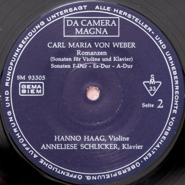 Carl Maria von Weber, Hanno Haag, Anneliese Schlicker : Sonaten für Violine Und Klavier (LP)