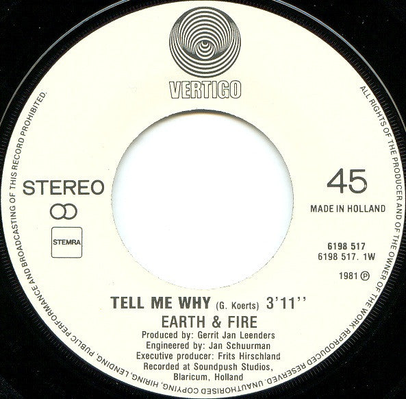 Earth And Fire : Tell Me Why (7", Single)