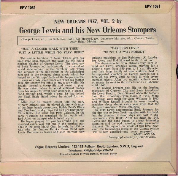 George Lewis And His New Orleans Stompers : New Orleans Jazz, Vol. 2 (7", EP)