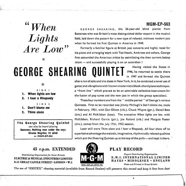 The George Shearing Quintet : When Lights Are Low (7", EP)