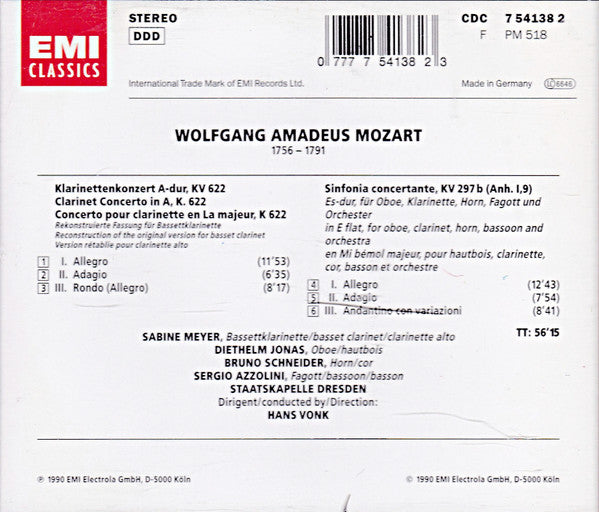 Wolfgang Amadeus Mozart - Sabine Meyer, Diethelm Jonas, Sergio Azzolini, Bruno Schneider, Staatskapelle Dresden, Hans Vonk : Klarinettenkonzert K. 622, Sinfonia Concertante K. 257b (CD, Album)