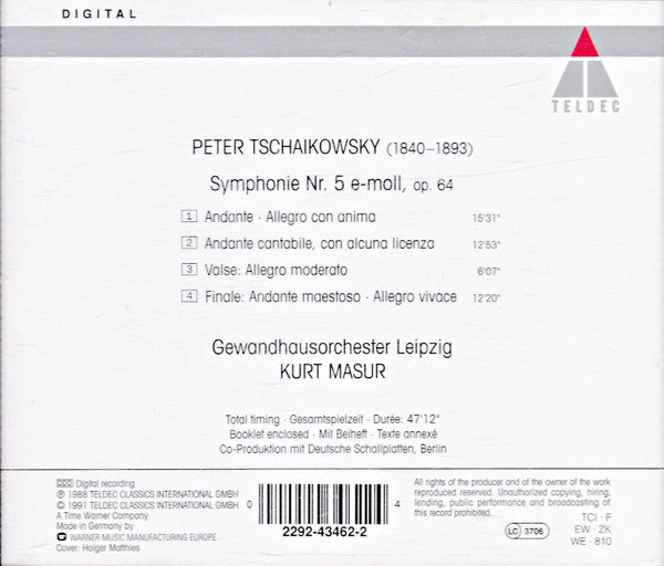 Pyotr Ilyich Tchaikovsky, Gewandhausorchester Leipzig, Kurt Masur : Symphonie Nr. 5 E-moll, Op. 64 (CD, Album)