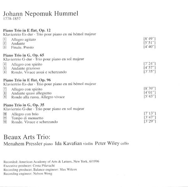 Johann Nepomuk Hummel, Beaux Arts Trio : Piano Trios (CD, Album)