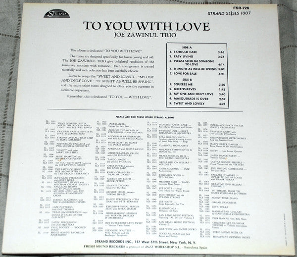 Joe Zawinul Trio : To You With Love (LP, Album, RE)
