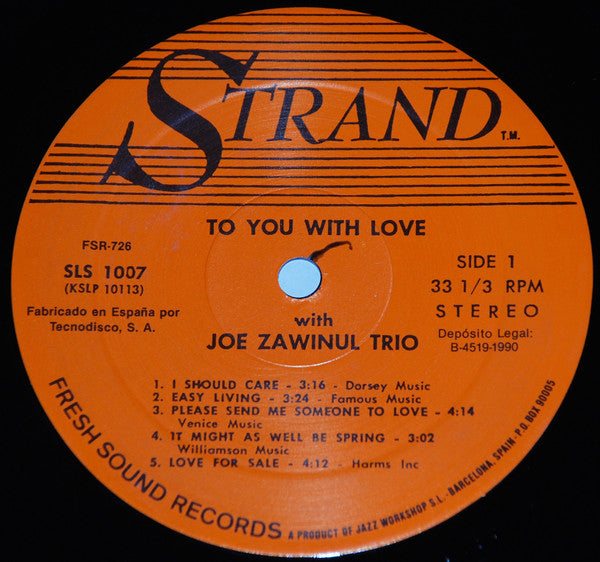 Joe Zawinul Trio : To You With Love (LP, Album, RE)