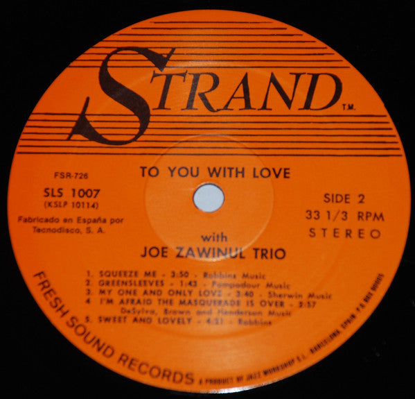 Joe Zawinul Trio : To You With Love (LP, Album, RE)