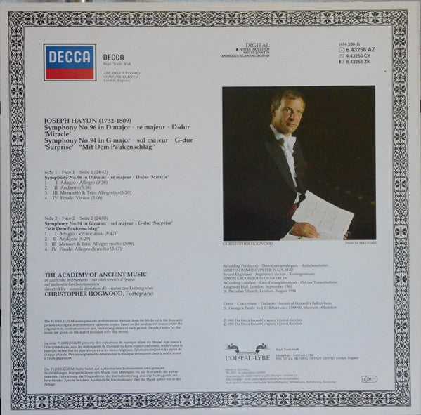 Joseph Haydn / The Academy Of Ancient Music, Christopher Hogwood : Symphony No. 94 'Surprise' / Symphony No. 96 'Miracle' (LP, Album)
