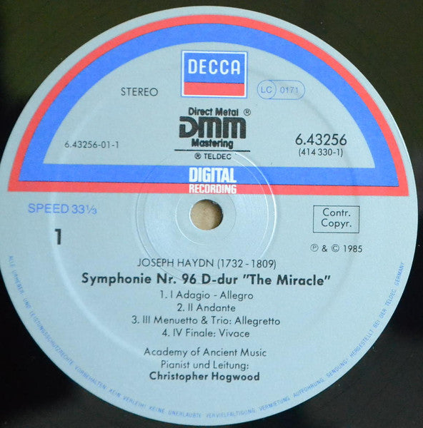 Joseph Haydn / The Academy Of Ancient Music, Christopher Hogwood : Symphony No. 94 'Surprise' / Symphony No. 96 'Miracle' (LP, Album)