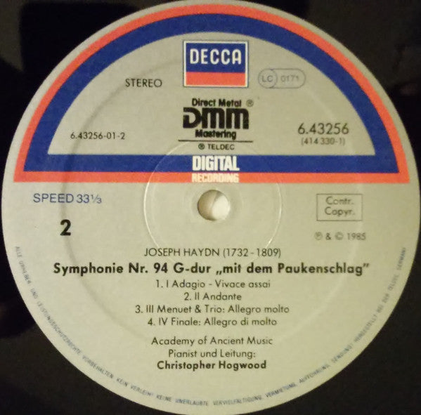 Joseph Haydn / The Academy Of Ancient Music, Christopher Hogwood : Symphony No. 94 'Surprise' / Symphony No. 96 'Miracle' (LP, Album)