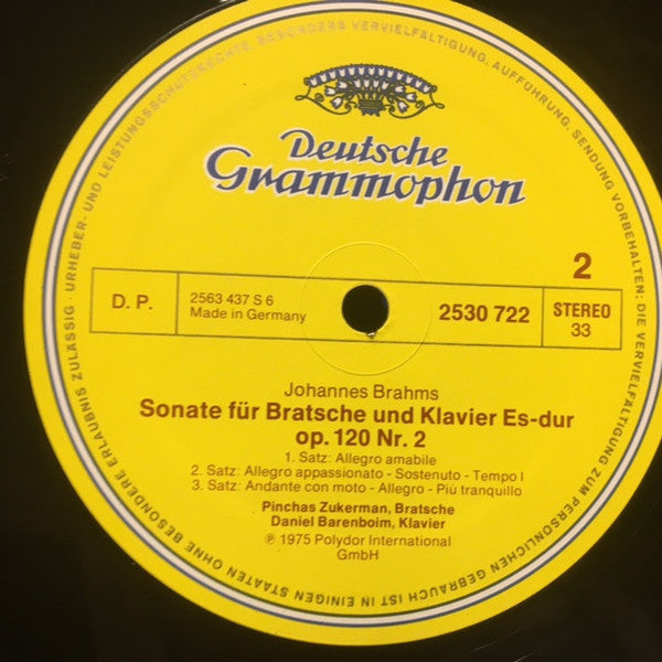 Johannes Brahms, Pinchas Zukerman ∙ Daniel Barenboim : Die Bratschensonaten = The Viola Sonatas, Op. 120 (LP, Album)