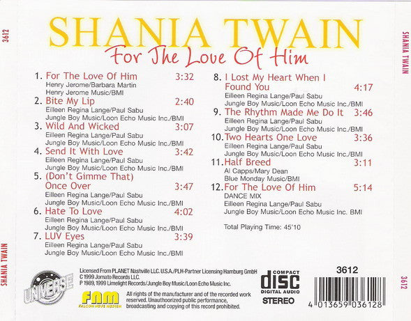Shania Twain : For The Love Of Him (CD, Album)