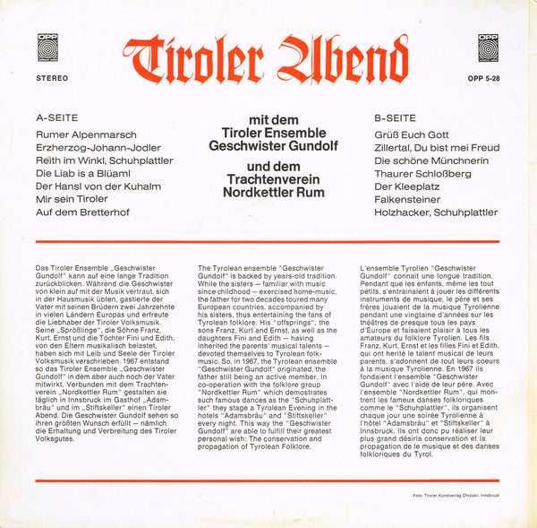 Geschwister Gundolf, Der Trachtenverein Nordkettler Rum : Tiroler Abend (LP)