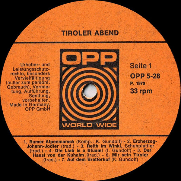 Geschwister Gundolf, Der Trachtenverein Nordkettler Rum : Tiroler Abend (LP)