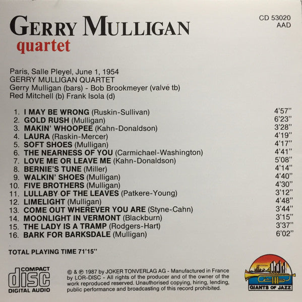 Gerry Mulligan Quartet : Paris, Salle Pleyel, June 1, 1954 (CD, Comp)