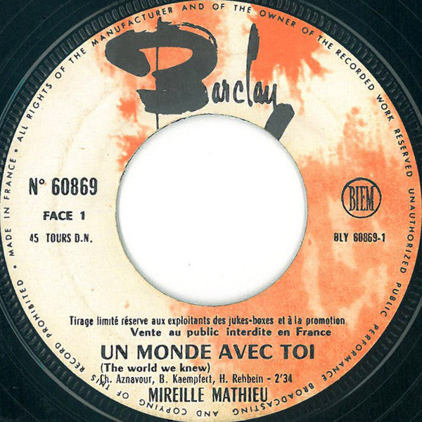 Mireille Mathieu : Un Monde Avec Toi / La Dernière Valse (7", Single, Ltd, Promo)