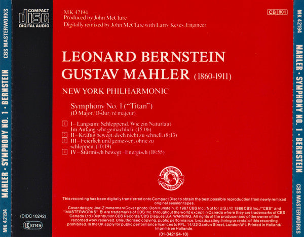 Gustav Mahler - Leonard Bernstein, New York Philharmonic : Symphony No. 1 "Titan" (CD, RE, RM)