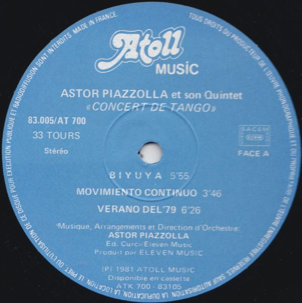 Astor Piazzolla Y Su Quinteto Tango Nuevo : Concert De Tango (LP, Album)