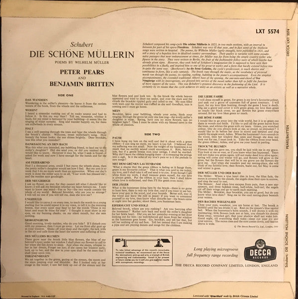 Franz Schubert, Peter Pears And Benjamin Britten : Die Schöne Müllerin (LP, Album, Mono)