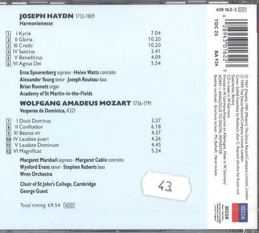 Joseph Haydn, Wolfgang Amadeus Mozart - St. John's College Choir, George Guest (2) : Harmoniemesse; Vespers, K321 (CD, Comp, RM)