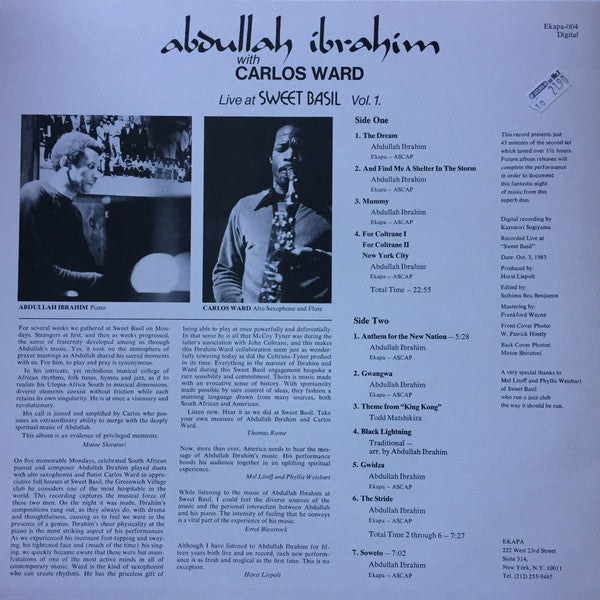 Abdullah Ibrahim With Carlos Ward : Live At Sweet Basil Vol. 1. (LP, Album)