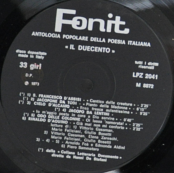 Various : Antologia Popolare Della Poesia Italiana - Volume I, Il Duecento (LP, Comp)
