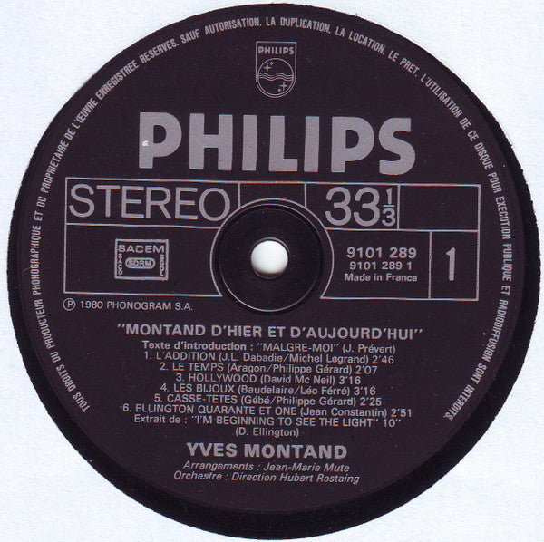 Yves Montand : Montand D'hier Et D'aujourd'hui (LP, Album)