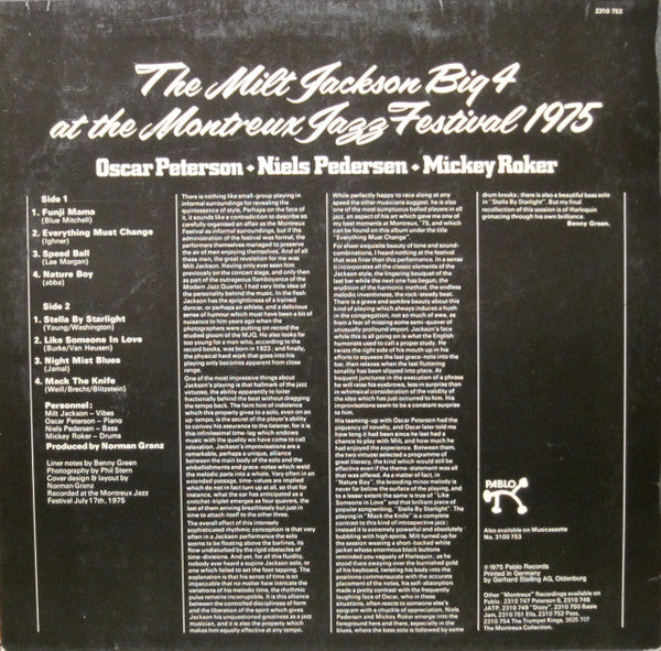 Milt Jackson : The Milt Jackson Big 4 At The Montreux Jazz Festival 1975 (LP, Album)