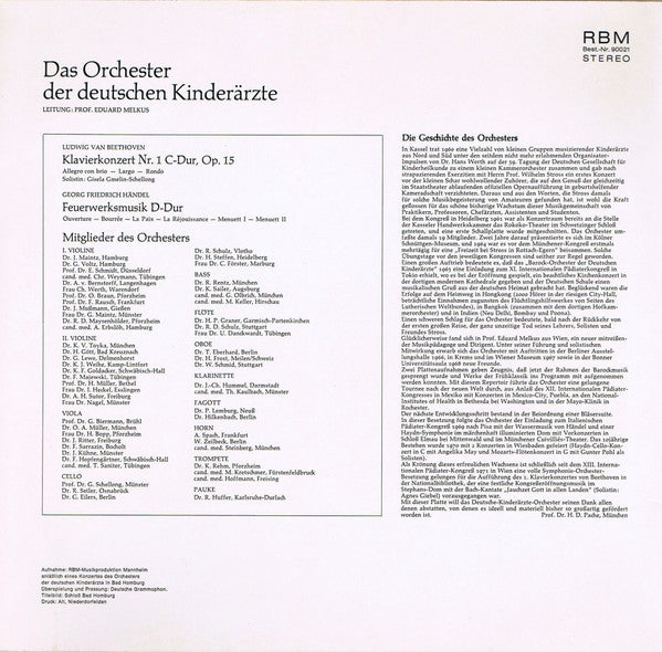 Ludwig van Beethoven, Georg Friedrich Händel, Orchester Der Deutschen Kinderärzte, Eduard Melkus : Beethoven Klavierkonzert Nr. 1 C-Dur / Händel Feuerwerksmusik (LP)