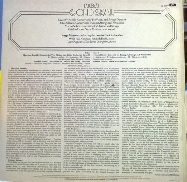 Malcolm Arnold, Mátyás Seiber, John Addison, Gordon Crosse, The Louisville Orchestra, Jorge Mester : Concerto For Two Violins And Strings,Opus 77 / Concertino For Clarinet And Strings / Concerto For Trumpet, Strings And Percussion / Some Marches On A Ground (LP, Album)