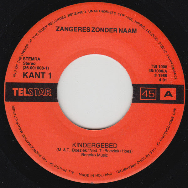 Zangeres Zonder Naam : Kindergebed / 	Vroeg Of Laat (7", Single)