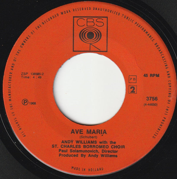 Andy Williams With The St. Charles Borromeo Choir : Battle Hymn Of The Republic / Ave Maria (7", Single, Lar)