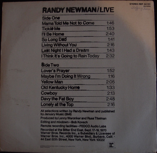 Randy Newman : Live (LP, Album, RP)
