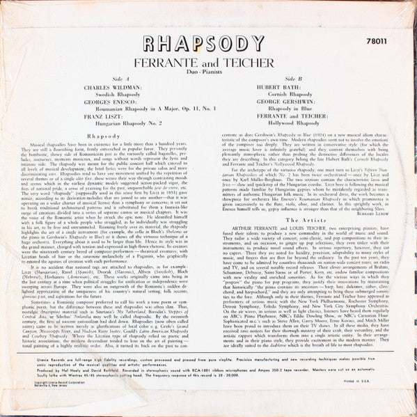 Ferrante & Teicher : Rhapsody (LP, Album, Mono, RE)