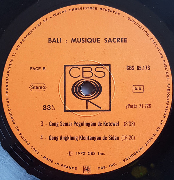 Various : Bali: Musique Sacrée (LP, RE)