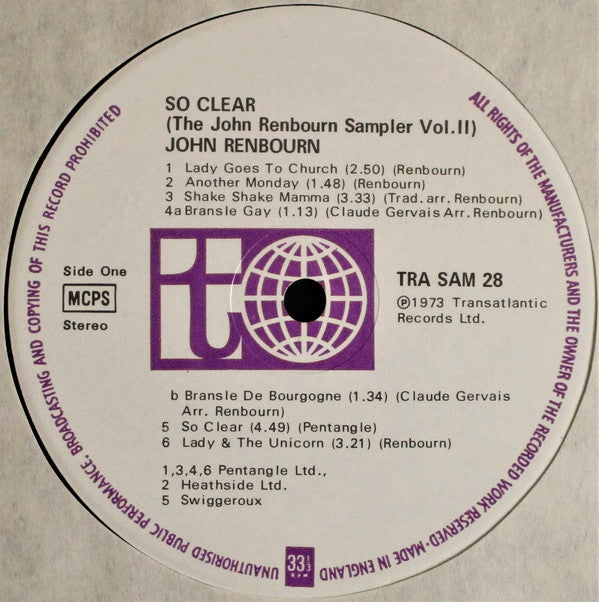 John Renbourn : So Clear (The John Renbourn Sampler Volume Two) (LP, Comp)